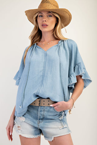 Washed Chambray Ruffle Sleeve Top