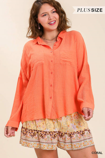 Coral Long Sleeve Gauze Button Up Top