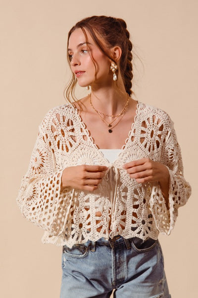 Crochet Knit Tie Front Cropped Cardigan