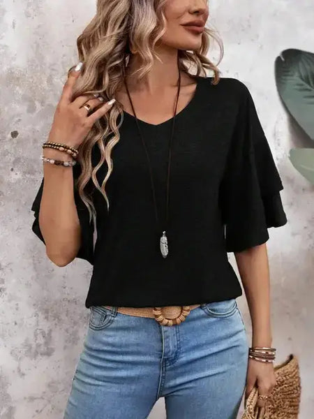 Black V-Neck Ruffle Sleeve Tee