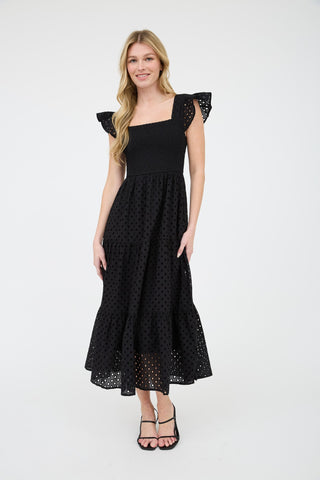 Eyelet Lace Smocked Midi Dress