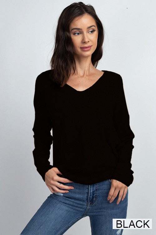 Ribbed Center V-Neck Sweater