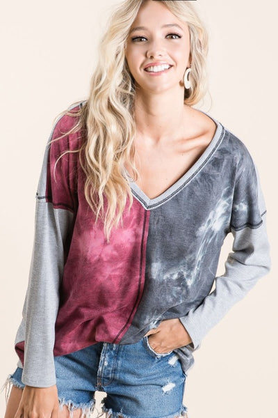Tie Dye Color Block V-Neck