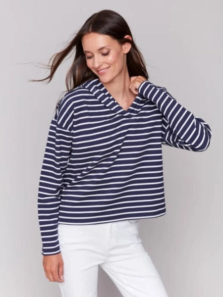 Hi-Lo V-Neck Striped Hoodie