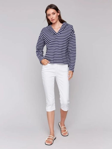 Hi-Lo V-Neck Striped Hoodie