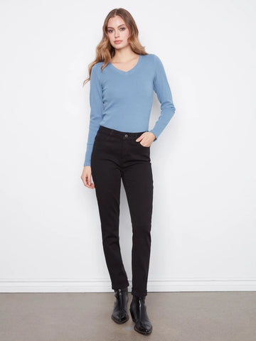 Black Cuffed Hem Slim 5-Pocket Twill Pants