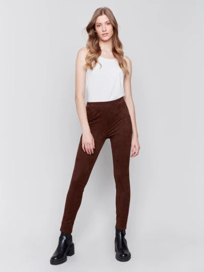 Pull On Faux Suede Pants w/Back Slit-Mocha