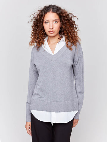 "The Amanda" Gray V-Neck Sweater w/Shirt