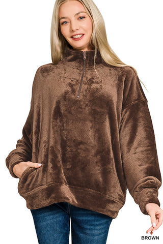 Faux Fur 1/2 Zip Pullover w/Pockets