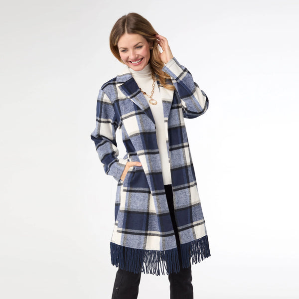 Navy Plaid Open Front Shacket