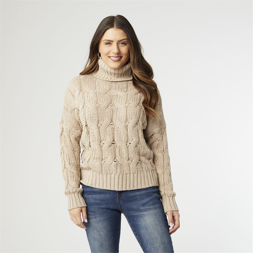 Taupe Cable Knit Turtleneck Sweater