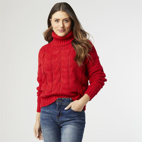 Red Cable Knit Turtleneck Sweater
