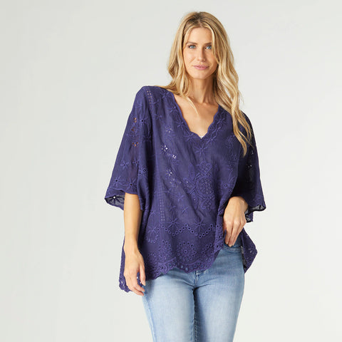 Navy Embroidered Poncho