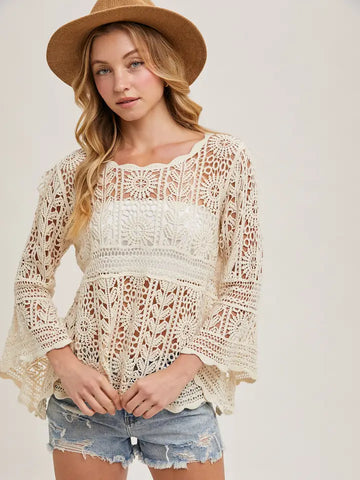 Natural Crochet Bell Sleeve Top