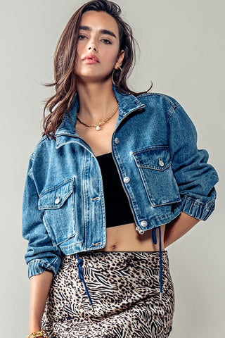 Cropped Denim Jacket w/Drawstring Detail