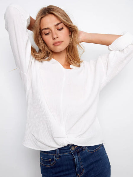 Adj. Sleeve Split Neck Front Knot Top