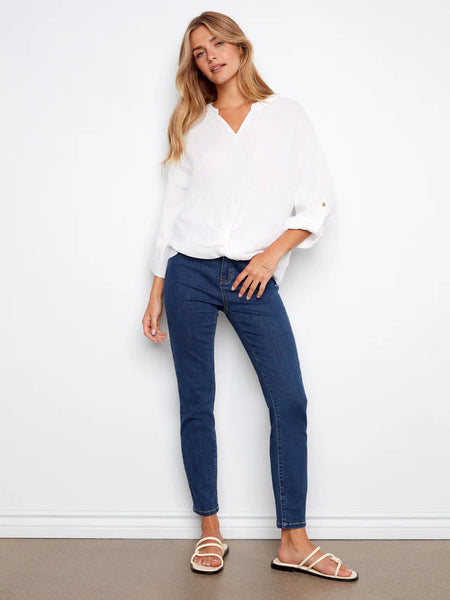Adj. Sleeve Split Neck Front Knot Top
