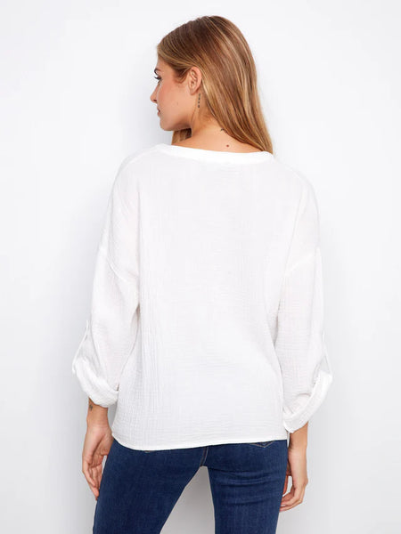 Adj. Sleeve Split Neck Front Knot Top