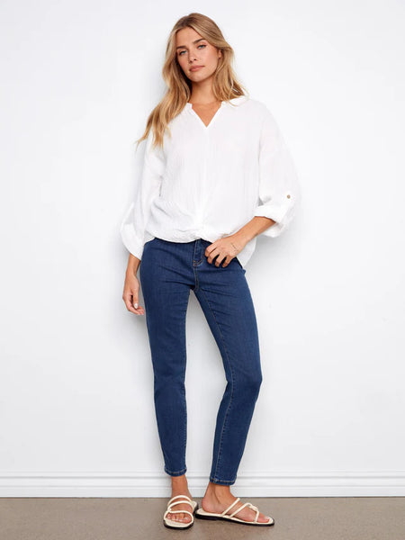 Adj. Sleeve Split Neck Front Knot Top