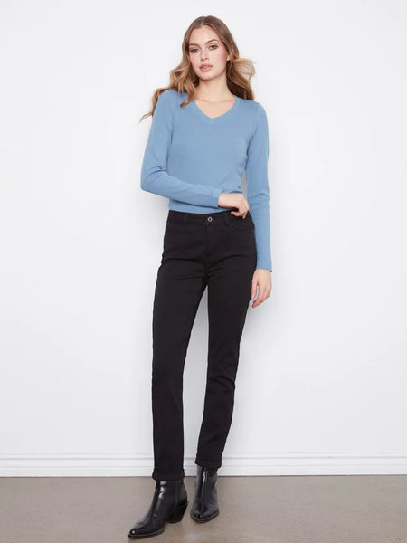 Black Cuffed Hem Slim 5-Pocket Twill Pants