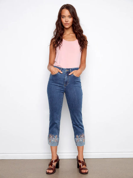 Cropped Stretch Denim w/Embroidered Cuff