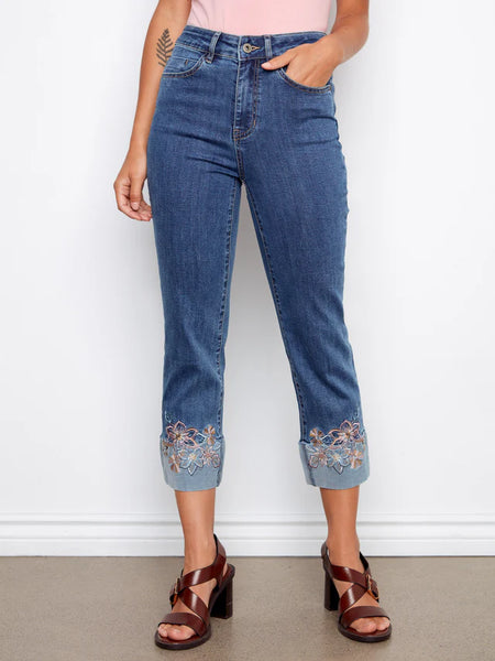 Cropped Stretch Denim w/Embroidered Cuff