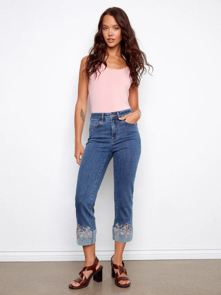 Cropped Stretch Denim w/Embroidered Cuff