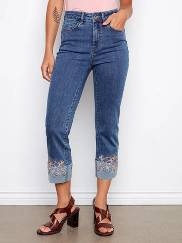 Cropped Stretch Denim w/Embroidered Cuff