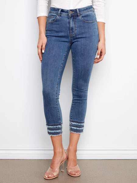 Stretch Denim Cropped Skinny Jeans w/Frayed Hem