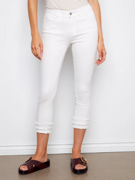 White Cropped Skinny Pants w/Frayed Hem