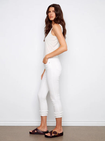 White Cropped Skinny Pants w/Frayed Hem