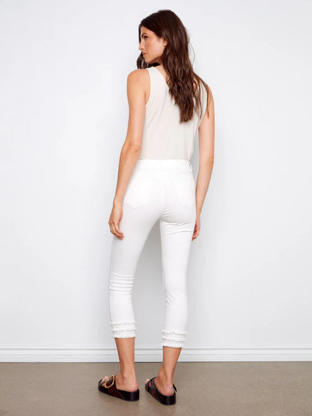 White Cropped Skinny Pants w/Frayed Hem