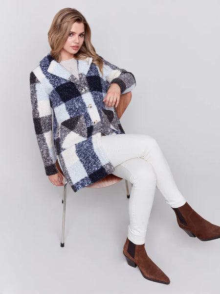 Navy Boucle Plaid Coat