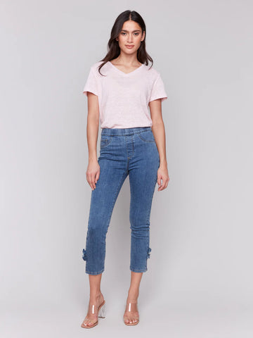 Slim Fit Cropped Jeans w/Side Flowers