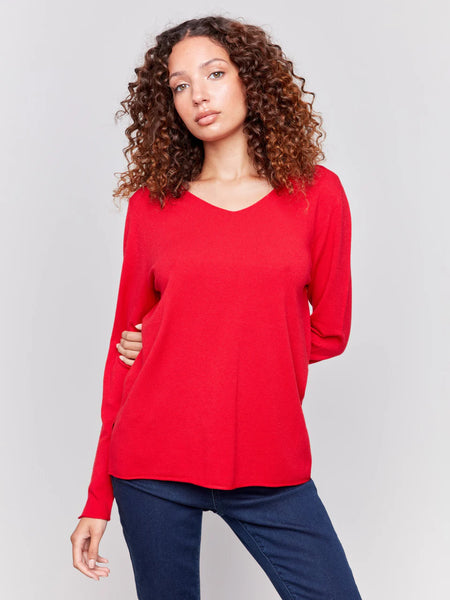 Basic V-Neck Sweater-Cranberry