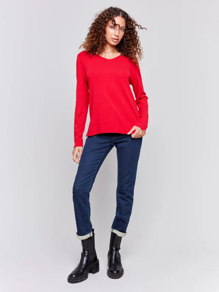 Basic V-Neck Sweater-Cranberry