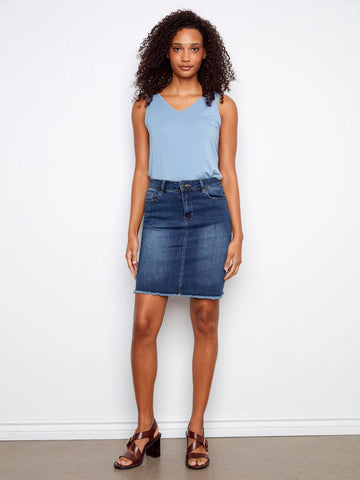 Stretch Denim Skort w/Frayed Hem