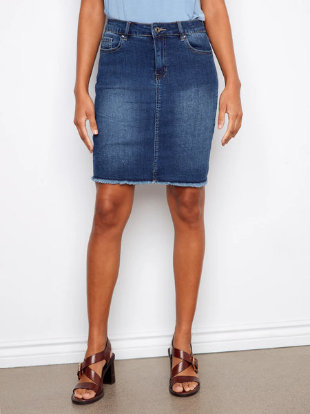 Stretch Denim Skort w/Frayed Hem