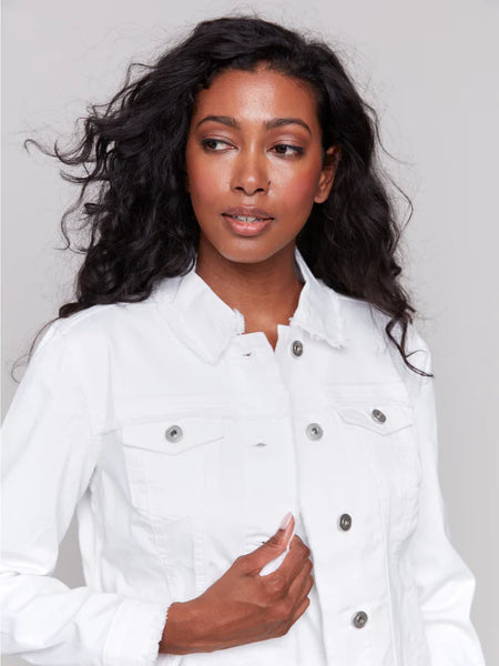 White Fringe Hem Twill Jacket