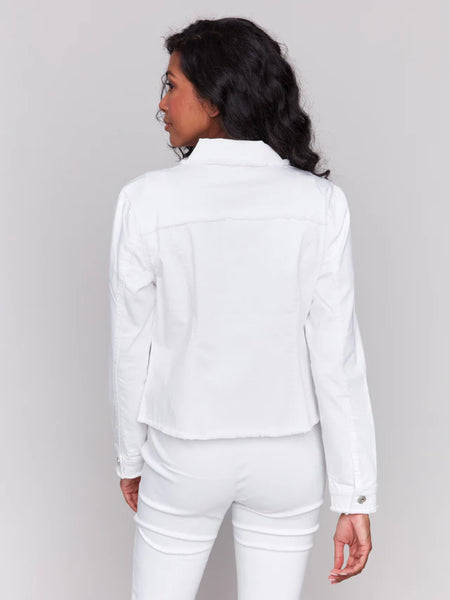 White Fringe Hem Twill Jacket