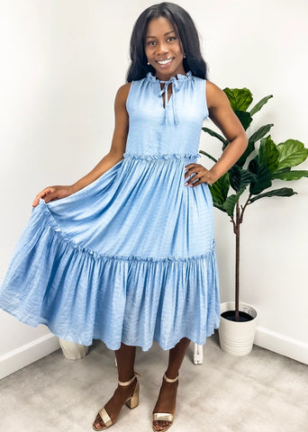 Blue V-Neck Tiered Dress