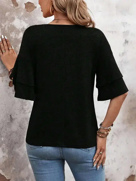 Black V-Neck Ruffle Sleeve Tee