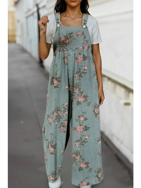 Floral High-Waisted Wide Leg Denim Overalls