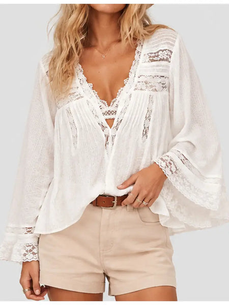 White Lace Button Up Pretty Boho Blouse
