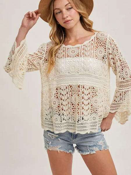 Natural Crochet Bell Sleeve Top