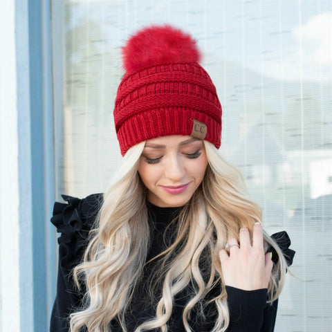 Cable Knit Beanie w/Faux Fur Pom-Hot Pink