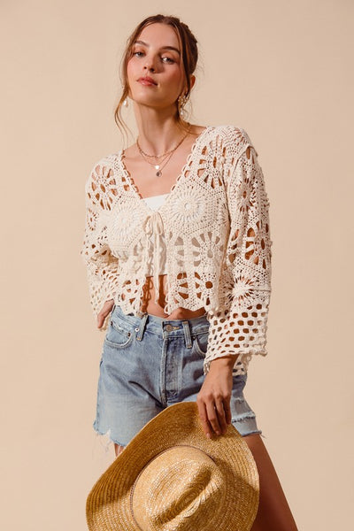 Crochet Knit Tie Front Cropped Cardigan