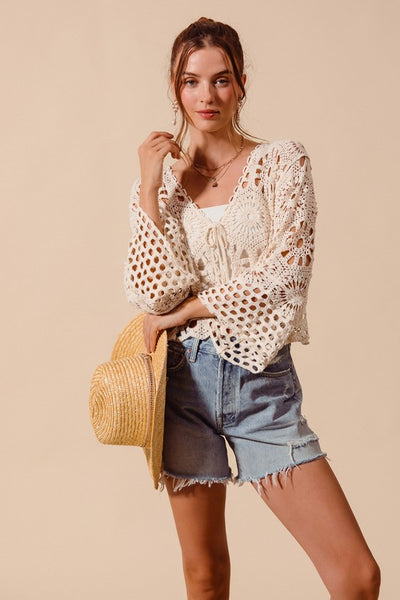 Crochet Knit Tie Front Cropped Cardigan