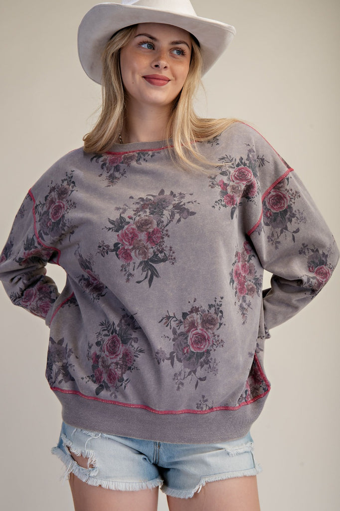 Soft Floral Print Mineral Wash Sweatshirt