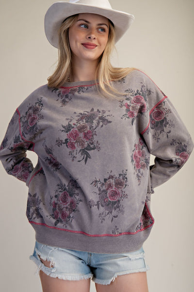 Soft Floral Print Mineral Wash Sweatshirt